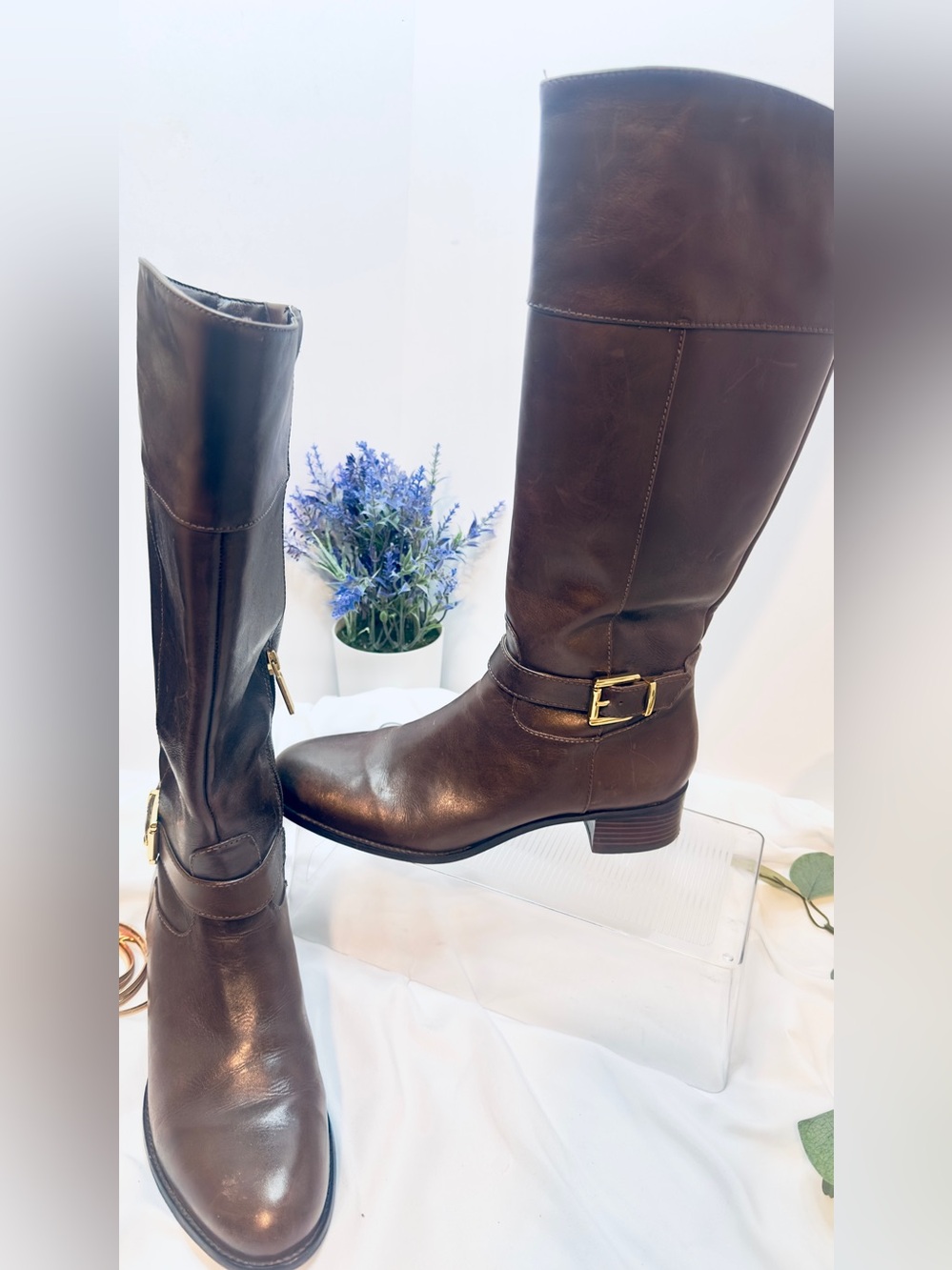 Banana Republic Brown Buttery Soft Leather Knee-High Riding Boots Gold Buckle